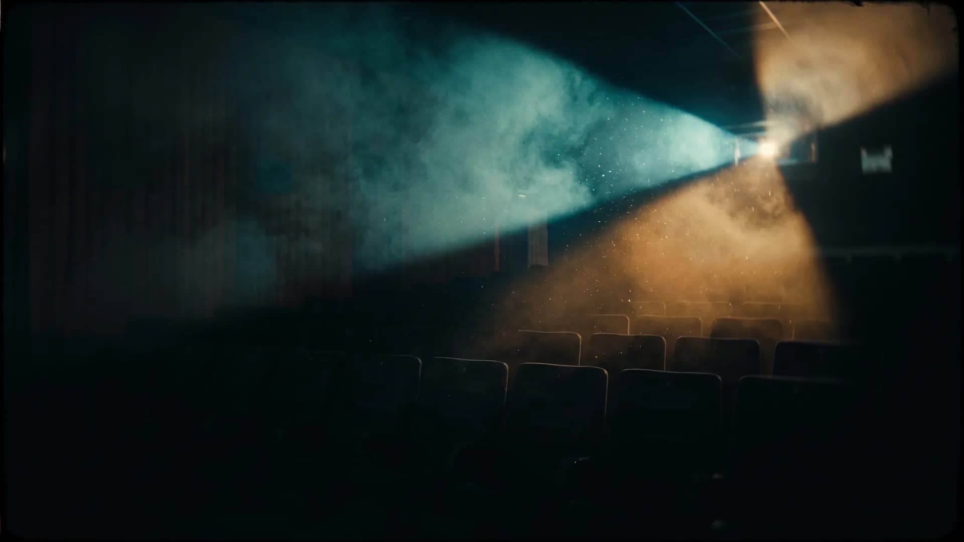 Two projection beams crossing in a dark cinema auditorium