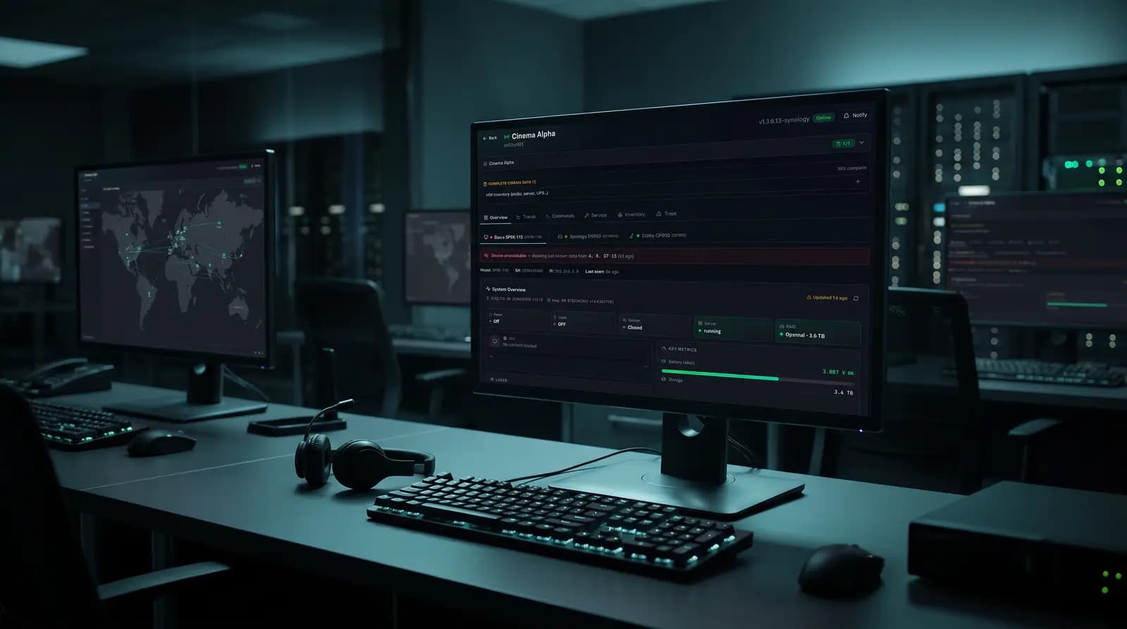 Rozhraní monitorovacího systému XC TECH na monitoru servisního dispečinku